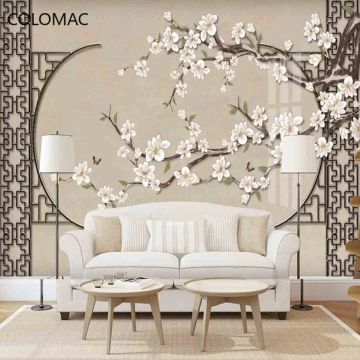 Custom Photo Murals New Chinese Style Hand-painted Flower Bird 3D Relief Peel And Stick Wallpaper