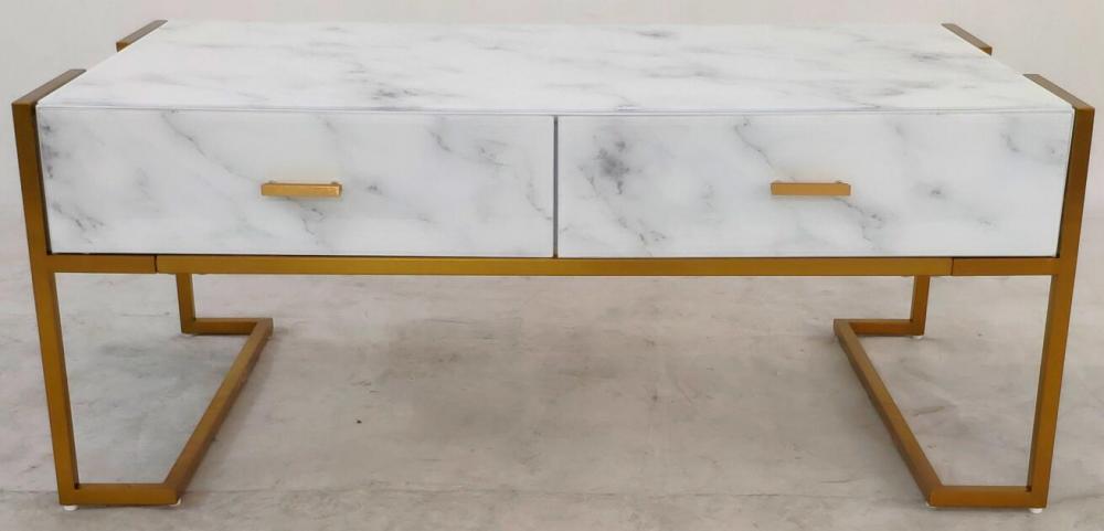 Tavolino con struttura in metallo e vetro bianco marmo