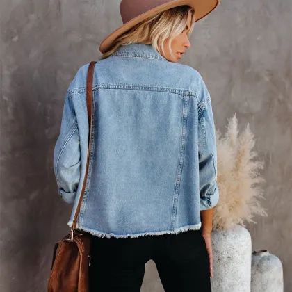 Women's Custom Logo Washed Raw Edge Denim Jacket