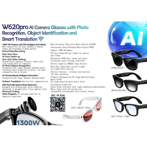 Gafas con cámara inteligente W620 Pro, reconocimiento de fotografías AI, gafas de traducción en tiempo real con grabación de vídeo WiFi, llamada Bluetooth