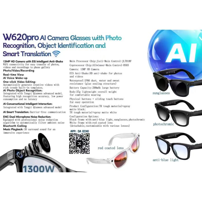 Gafas con cámara inteligente W620 Pro, reconocimiento de fotografías AI, gafas de traducción en tiempo real con grabación de vídeo WiFi, llamada Bluetooth