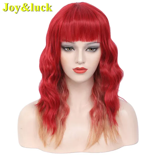 Wholesale Prices Shoulder Length for Women Red Ombre Golden Blonde Cosplay Wigs With Bangs Natural Water Wave Synthetic Hair Wig