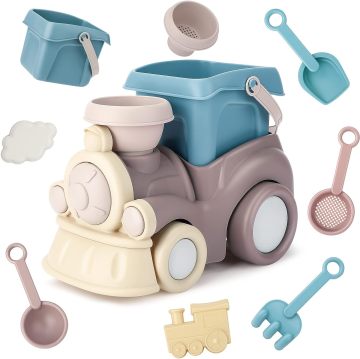 Beach Toys for Toddlers and Kids: Includes Sand Bucket, Dump Train, Shovel, Rake, and Outdoor Tool Kit