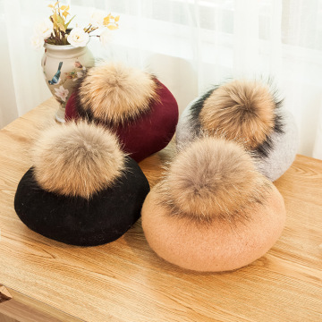 Woman's Wool Beret with Raccoon Fur - French Style Hat for Parties and Outdoor Use
