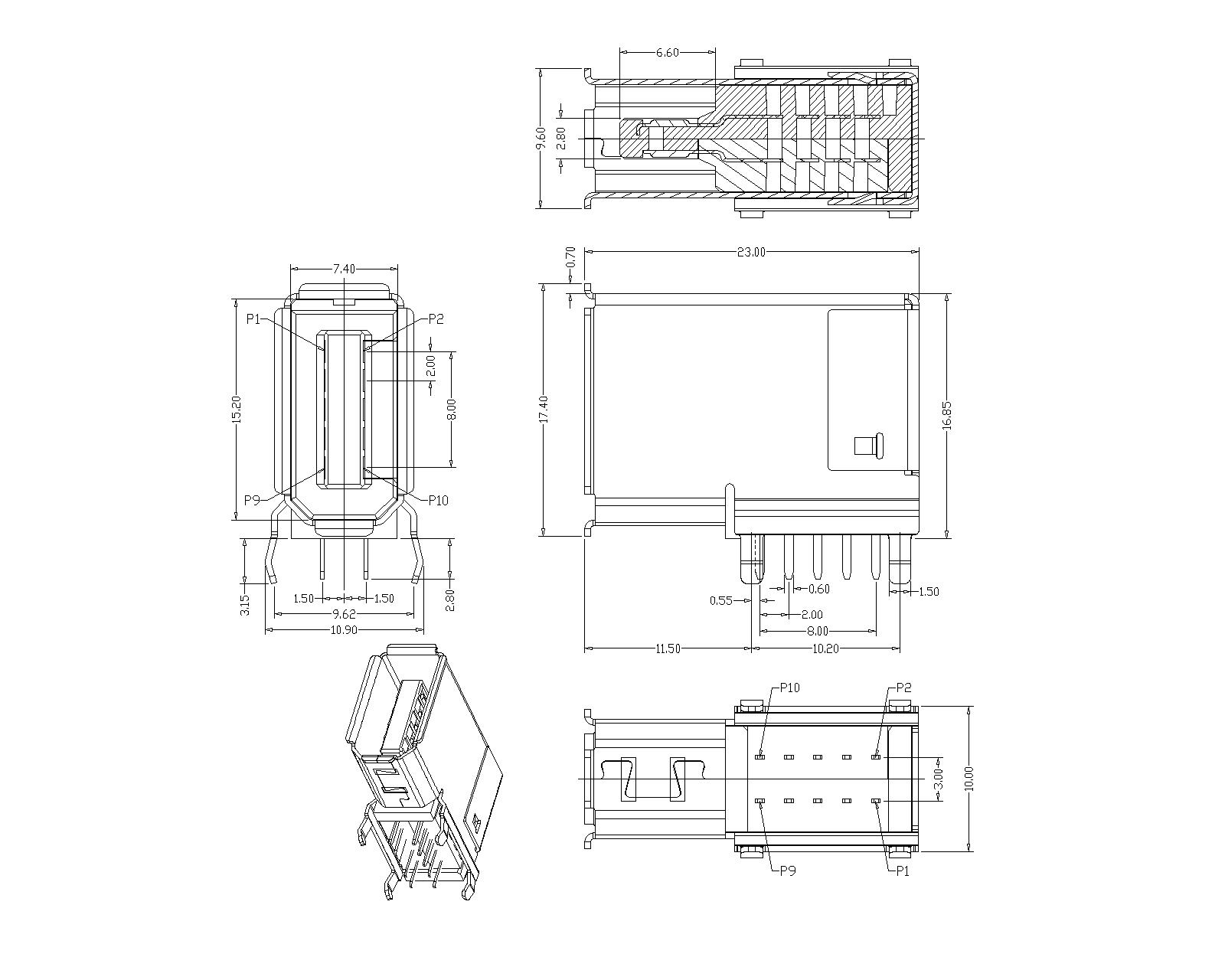 IEFR05 1394 10P Receptacle Angle Side-Entry D