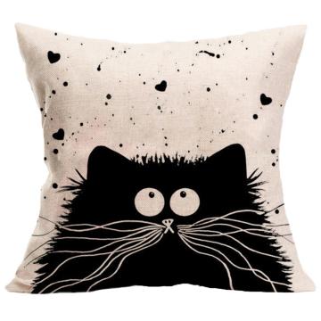 Black and white cat linen cushion cover