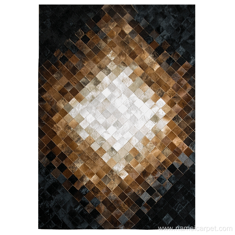 Luxury brown cowhide leather patchwork rug