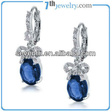 Cute Style Bowknot Big Dark Blue Stone Sapphire Leverback Earrings With CZ Diamond Silver Plated Brass Earrings