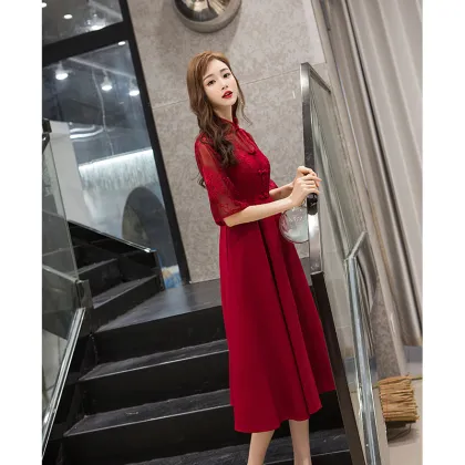 Vintage Red Bride Wedding Qipao Half Sleeve A-Line Lady Cheongsam Temperament Embroidery Elegant Banquet Cheongsam Vestidos