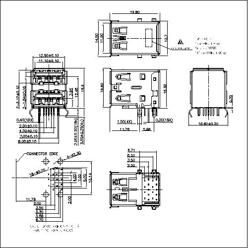 U3AFR10-XXXXX USB 3.0 AF Double Layer 90 Degree Dip C (Bent Foot 3.5, Foot Length 3.0)