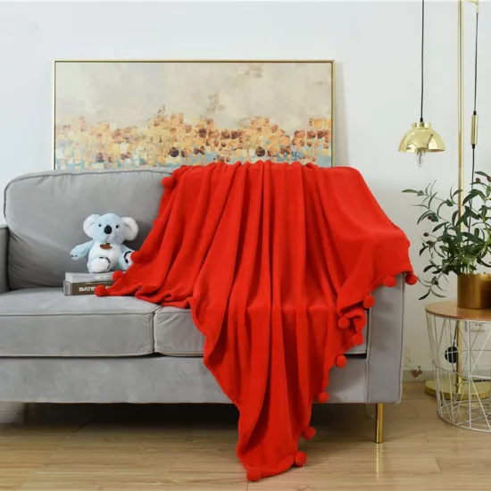 Home Textile China Pompom Blanket Sofa Cover High Quality Custom Knit Flannel Coral Fleece Pom Pom throw Blanket