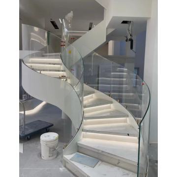 الدرج الزجاجي المصنوع من الفولاذ الكربوني، الدرج المنحني، الدرج الحديث للمنزل الداخلي