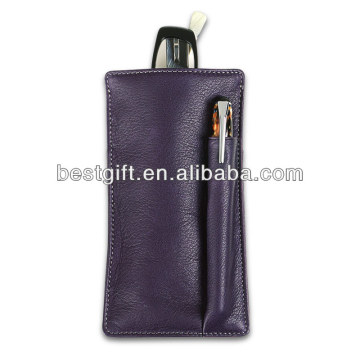 hot sale genuine leather eyewear frames case, purple color eyeglasses holder with pen pouch