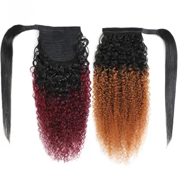 Wholesale colored 1b 30 1b 99j 100% curly virgin natural drawstring ombre extensions human hair ponytails