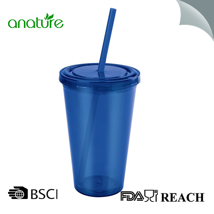 Double Wall Plastic Tumbler With Straw And Lid