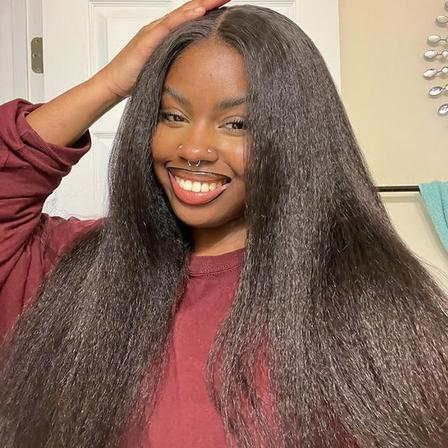 Glueless Kinky Straight Yaki Human Hair Wig 20inch 180% Density
