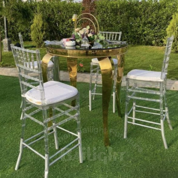 Gold Edelstahl -Party -Bar -Tisch und Stuhlset mit Glasoberteil