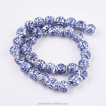 Handmade Pandahall Beads: 12mm Round with Flower Design in Medium Blue and White Porcelain