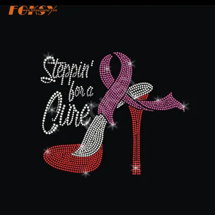High Heel Pink Ribbon Iron on Rhinestone Transfer