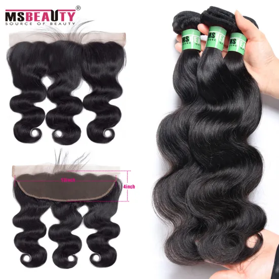 Human Hair Bundles With Frontal Closure Body Wave 3 Bundles With Lace Frontal 100% Msbeauty Indian Remy Human Hair Weave Bundles