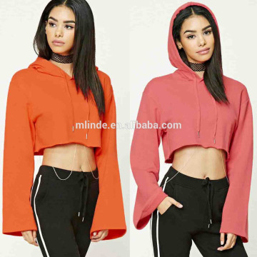 Bulk Wholesale Women Fashion Plain Dyed Cropped Raw-Cut Hem Hoodie Sweatshirts Wholesale CUSTOM Manufacturer