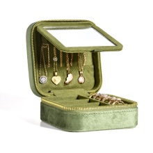 Square Vintage Green Velvet Jewelry Box With Mirror