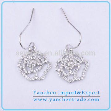 Rose Flower Shaped Rhodium Plated CZ Diamond Wholesale Drop Earring Design