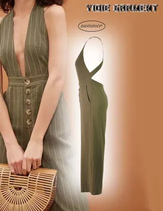 Sexy Deep V Ladies Backless Striped Jumpsuit