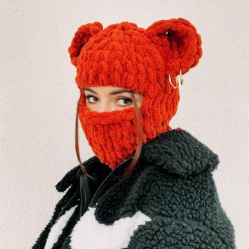 Custom Distressed Knitted Crochet Balaclava with Skull, Bunny Ears, and Horns