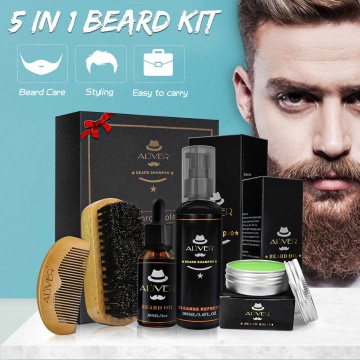 5Pcs/Set Men Beard Care Grooming Kit Mustache & Beard Styling Tools Beard Oil Balm Brush Bead Comb Shampoo Scissors Gift