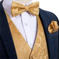 Men's Gold Paisley Fashion Wedding Men Silk Waistcoat Vest Bowties Hanky Cufflinks Cravat Set for Suit Tuxedo DiBanGu MJ-112