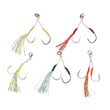 TAIGEK 4pcs/bag Slow Pitch Jig Assist Hooks with Colorful Flasher Silk for Fishing