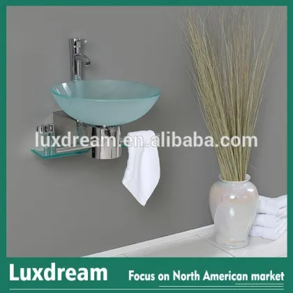 Wooden shelf clear glass vessel basin simple bathroom cabinets