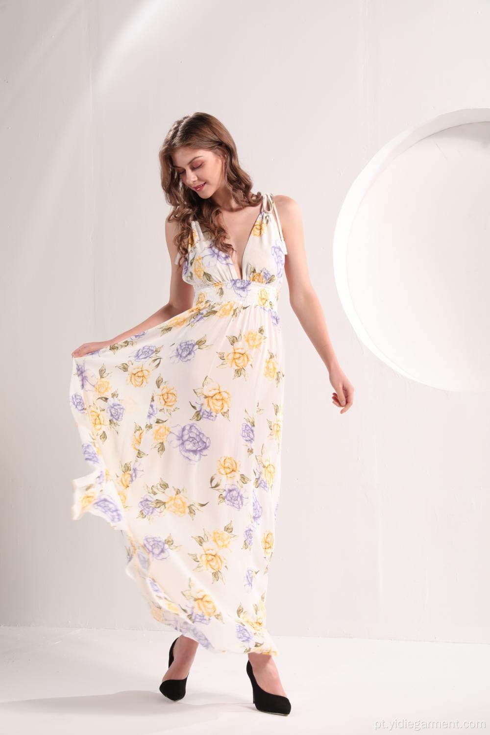 Vestido Maxi de Verão com Estampa Floral Feminina