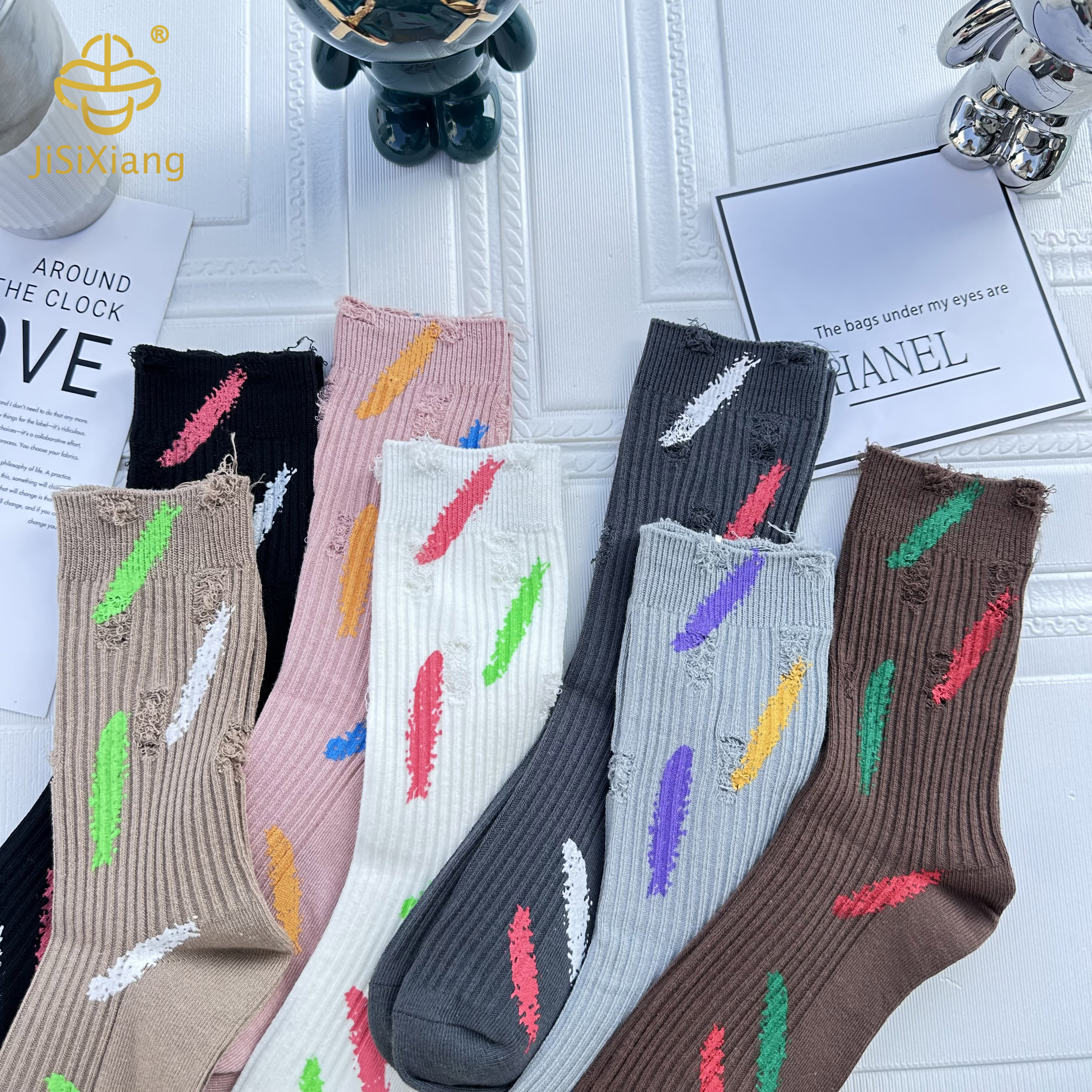 유럽과 아메리칸 거지 양말은 잉크 낙서, 구멍 찢어진, 튜브 양말 쌓여, 양말 쌓인 튜브 양말