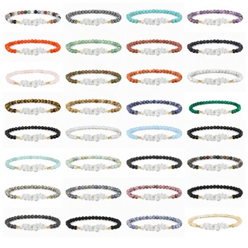 Gemstone 4mm Round Beads with Quartz Crystal Chips Stretch Bracelet Natural Stone Beaded Elastic Bracelet Crystal Bangle 7.5"