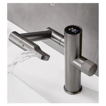 High-End Smart Bathroom Brass Deck-Mounted LED Basin Faucet with 360 Degree Rotation and Temperature Display