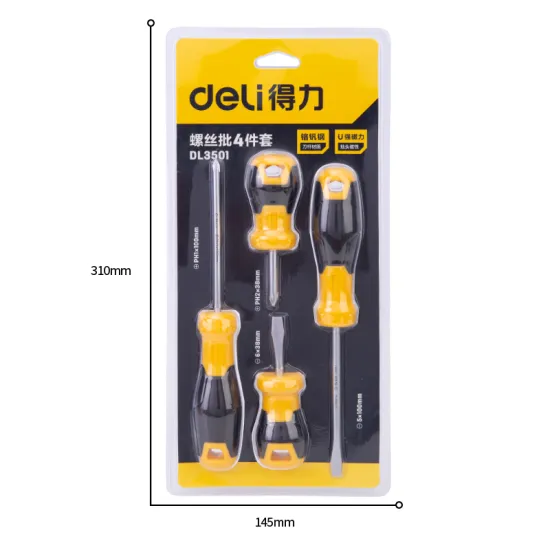 Deli DL3501 tools magnetic PVC handle 4pcs screwdriver set 2 pcs slotted5*100mm, 6*38mm 2 pcs philipsPH1*100mm, PH2*38mm
