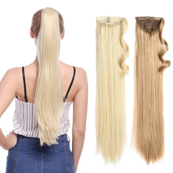 High Quality 24 inch Blonde Black Long Straight Drawstring Ponytail Hairpiece With Hairpins Synthetic Ponytail Hair Extensions
