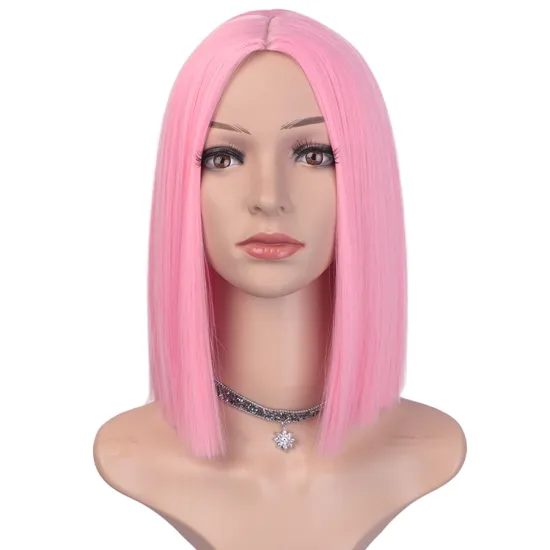 150 Length Hair Heat Resistant Wig For Black Women Pink Short Straight Bob Synthetic Middle Part Shoulder Hair Wigs