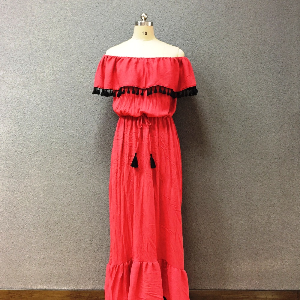 Women's viscose red wrinkle long dress