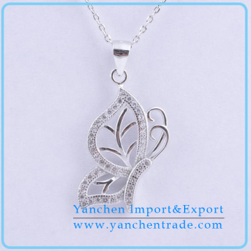 Fancy Design Leaf Shape Micro Paved CZ Diamond Pendant Necklace