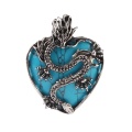 Turquoise Heart Antique Silver Dragon Gemstone Pendant (32x42mm) Necklace 45cm Black Cord