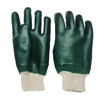 Green pvc coated gloves sandy finish knit wrist