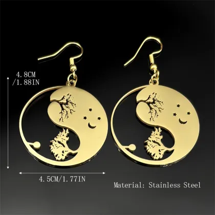 Tai Chi Tree of Life Star Moon Pendant Earrings - Stainless Steel Silver Jewelry Gifts for Men and Women