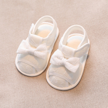Korean Design Bow-Tie Baby Sandals: White Embroidered, Cloth Material, Non-Slip Sole, Solid Colors, Soft Soles for Newborns and Toddlers