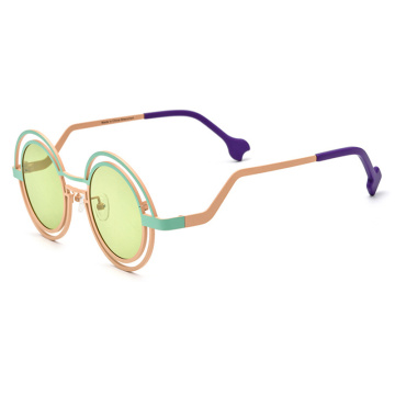 Color Blocking Round Titanium Sunglasses