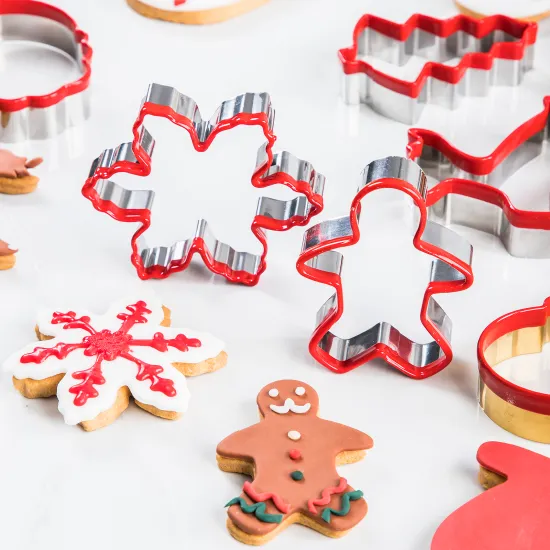 Assorted Holiday Cookie Cutter Set: 4-inch Gingerbread Men, Christmas Trees, Snowflakes, Candy Canes, and Santa Faces for Baking