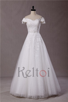 big size A-line off shoulder anna campbell wedding dresses with short sleeve