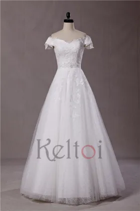 big size A-line off shoulder anna campbell wedding dresses with short sleeve